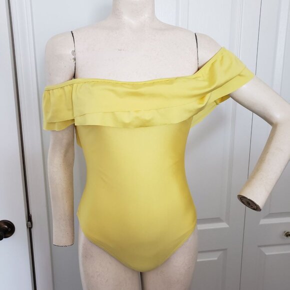 ASOS Swim Double Fri Size 6 Yellow One piece swimsuit with ruffles off shoulder - Picture 4 of 14